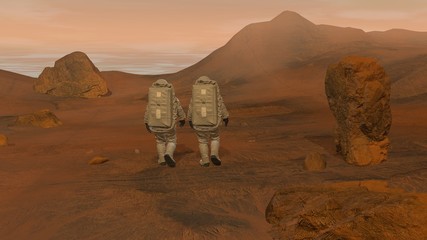 3D rendering. Colony on Mars. Two Astronauts Wearing Space Suit Walking On The Surface Of Mars.