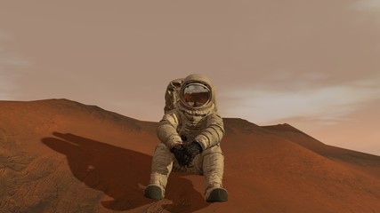 3D rendering. Colony on Mars. Astronaut sitting on Mars and admiring the scenery. Exploring Mission To Mars. Futuristic Colonization and Space Exploration Concept.