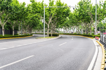 Fototapeta premium Asphalt road under green trees
