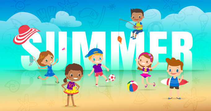 Summer holiday on the beach, children with many outdoor activities. diversity kids with big SUMMER letter on beach background cartoon vector illustration.