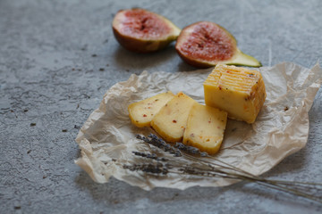 food photo rustic Breakfast cheese and figs and lavender in Provence style