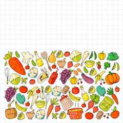 Healthy food and cooking. Fruits, vegetables, household. Doodle vector set.