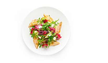 Fresh vegetable salad with chicken breast on white plate, top view, copy space