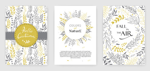 Gold color invitation with floral branches. Autumn cards templates for save the date, wedding invites, greeting cards