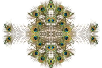 Pattern from beautiful exotic peacock feathers on white background