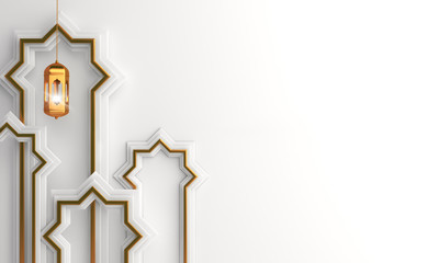 Islamic decoration background with arabic lantern window door, ramadan kareem, mawlid, iftar, isra  miraj, eid al fitr adha, muharram, copy space text, 3D illustration.