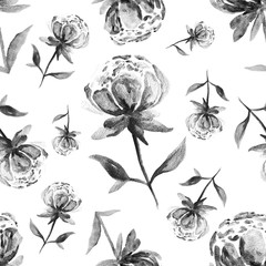 Peony flowers blossom watercolor painting - black and white colors seamless pattern on white background