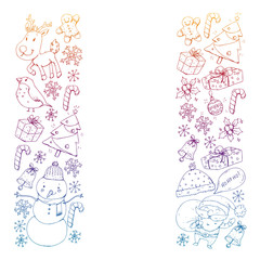 Christmas winter party. Happy new year. Bullfinch, Santa Claus, snowman, deer. Presents and candy.