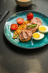 Breakfast snack, tasty food (pate, toast, tomato, corn, egg, coffee). top view. food background