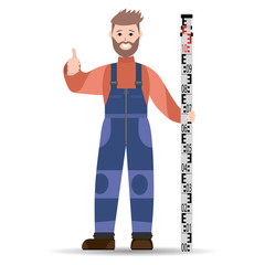 Surveyor with a rake in a blue jumpsuit and a coral jacket. Vector illustration. - 279466225