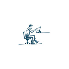 hand drawn illustration of business man using tablet looking progress finance