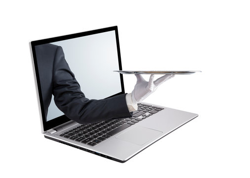 Waiter holding empty silver tray out of a laptop screen, isolated on white