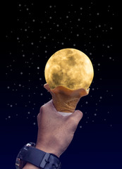moon in cone holding by someone at night (funny concept)