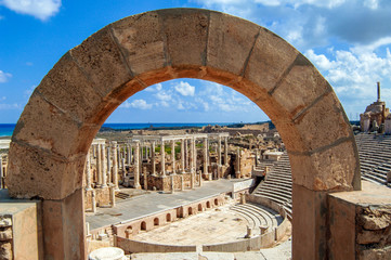 The amphitheater in Leptis Magna - one of the best preserved roman colonies on the African coast of...