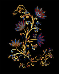 Bouquet of fantastic flowers. Background in ethnic traditional style. Abstract vintage pattern with decorative flowers, leaves and Paisley pattern in Oriental style.