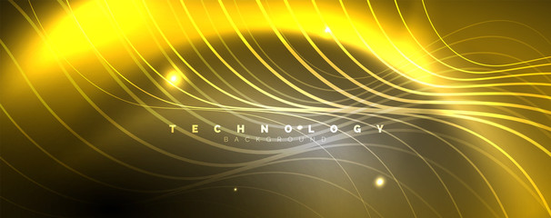 Shiny neon lights, dark abstract background with blurred magic neon light curved lines