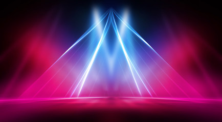 Empty stage, blue and pink, purple  neon, abstract background. Rays of searchlights, light, abstract tunnel, corridor.