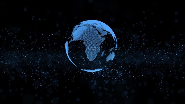 3d animation blue flashing information units create rotating modern globe model with illuminated mainlands in dark background. Motion graph. Digitized world and blue ocean strategy concept. Big data.