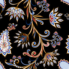 Abstract vintage pattern with decorative flowers, leaves and Paisley pattern in Oriental style.