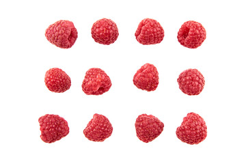Collection of ripe red raspberries on white background. The view from the top.