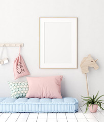 Mock up poster in kids bedroom interior background, Scandinavian style, 3D render