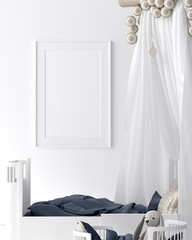 Mock up poster in kids bedroom interior background, Scandinavian style, 3D render