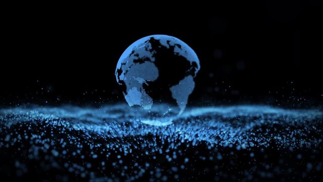 3d animation of blue isolated planet Earth globe model rotating over small flashing information units in dark background. Motion graph. Digitized world and blue ocean strategy concept. Big data.