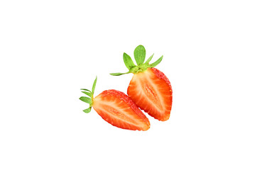 Two strawberry slice Isolated on a white background. Organic food. The view from the top.