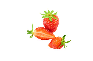 Strawberry berries and strawberry slice, Isolated on a white background. Organic food. The view from the top.