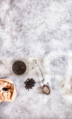 Pyramid and rectangle shaped tea bag mock up set on gray  background.  Or great black tea loose leaf. Eco-friendly alternatives.