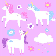  Cute magic unicorn. Set of vector illustrations.