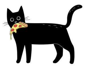  Funny print for t-shirts. Black cat with pizza. Vector