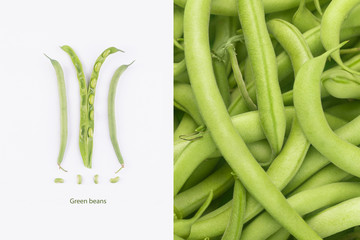 Creative layout made of  green beans, vegetarian meals, green beans background