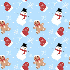  Snowman and gingerbread man. Christmas seamless pattern