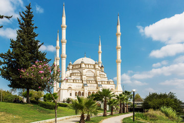 Fototapeta na wymiar Turkey's largest Sabanci Central Mosque in Adana, illuminated by the sun, against a blue sky, blooming oleander, palm trees and firs