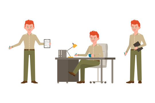 Happy, smiling, red hair young office guy in green pants vector illustration. Standing with notes, writing at the table, sitting side view boy cartoon character set on white background