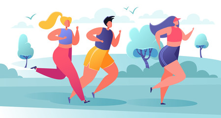 Fototapeta na wymiar City marathon and healthy lifestyle concept, summer outdoor. Group of diverse people in sports wear running on nature landscape background. Sport activity. Trendy, cartoon, flat, vector, Illustration.