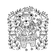 Cute bear with flowers. Cartoon illustration.