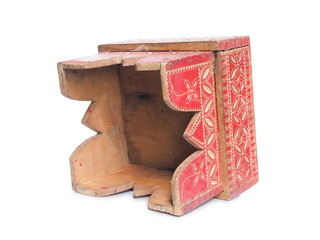 Ancient Wooden Betel nut receptacle object, 19th. Century with ancient line art, isolated on white background.