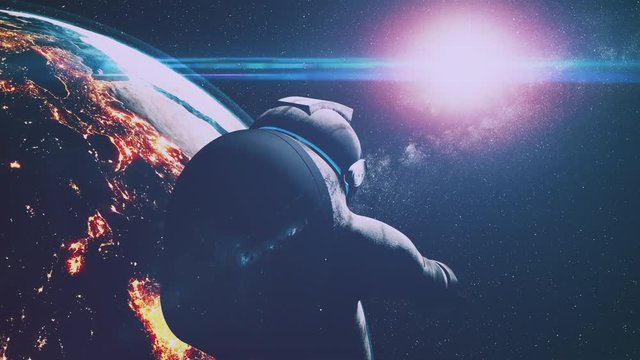 motion graph cosmonaut silhouette in outer space over illuminated Earth at bright coloured sunlight closeup. 3d animation. Science and technology concept. 4K. Elements of this media furnished by NASA