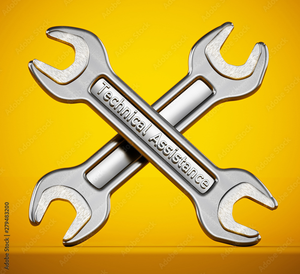 Wall mural Technical assistance wrenches isolated on yellow background. 3D illustration