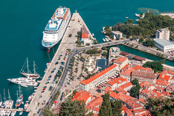 Cityscape of old city Kotor, bay in Adriatic sea surrounded by mountains, Montenegro. View from...
