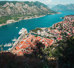 Cityscape of old city Kotor, bay in Adriatic sea surrounded by mountains, Montenegro. Panoramic...