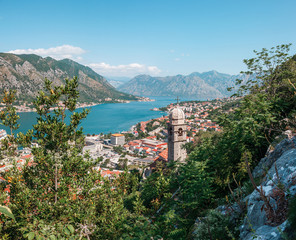 Fototapeta na wymiar Church Our Lady of Remedy on the high hill above the ancient town Kotor and boka kotor bay, Montenegro