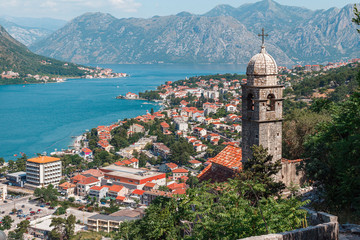 Naklejka na ściany i meble Church Our Lady of Remedy on the high hill above the ancient town Kotor and boka kotor bay, Montenegro