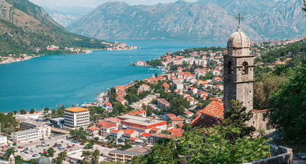 Church Our Lady of Remedy on the high hill above the ancient town Kotor and boka kotor bay,...