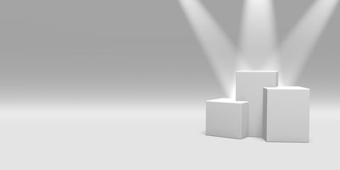 Podium, pedestal or platform white color illuminated by spotlights on white background. Abstract illustration of simple geometric shapes. 3D rendering.