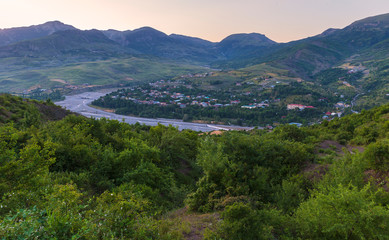 Panorama of the village Lagich at sunrise