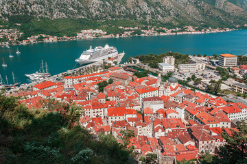 Cityscape of old city Kotor, bay in Adriatic sea surrounded by mountains, Montenegro. View from...
