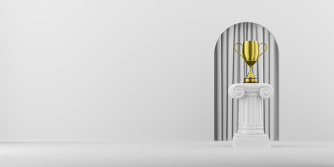 Abstract podium column with a golden trophy on the white background with arch. The victory pedestal is a minimalist concept. 3D rendering.